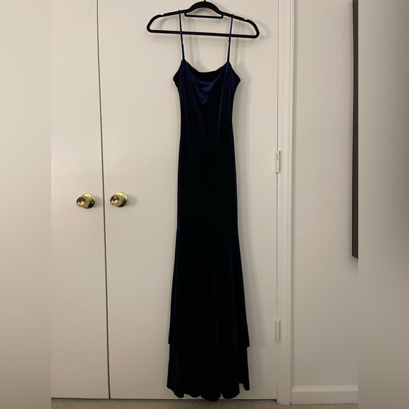 Lulus Alluring Muse Navy Blue Velvet Tiered Trumpet Maxi Dress - Picture 6 of 10